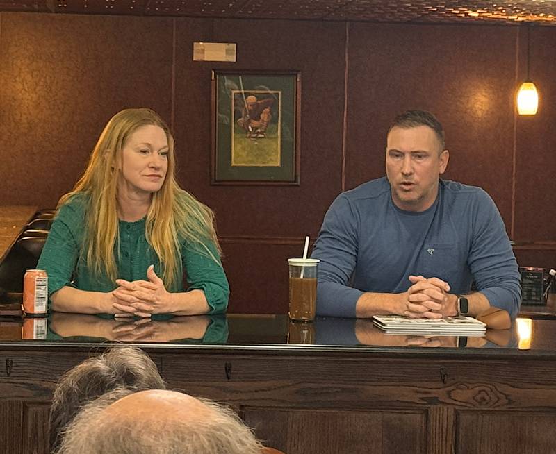 From left, State Senator Amy Sinclair and Rep. Ray "Bubba" Sorensen address constituents at a legislative coffee Friday, Feb. 6 at the 5x80 Golf Course near Menlo.