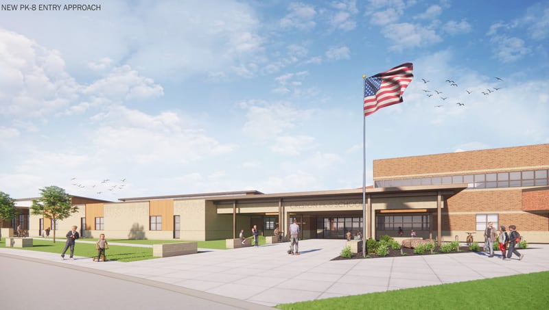 A rendering of the new entrance to the ECC, presented on Monday during the regular school board meeting.