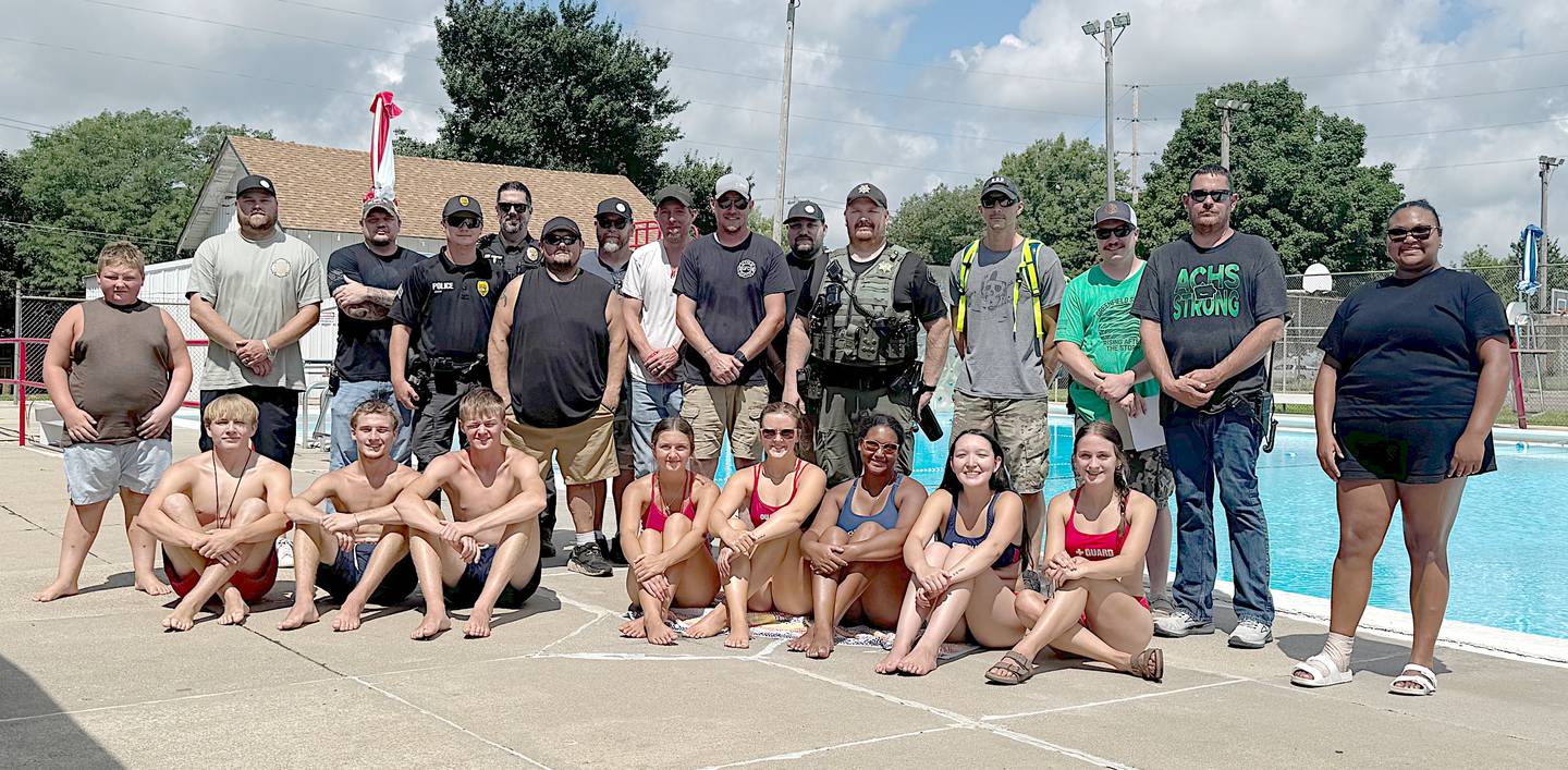 Personnel from Greenfield Fire Department, Adair County Ambulance, Greenfield Police Department and Adair County Sheriff's Office who participated in a drill Saturday, July 26 at the Greenfield Pool.