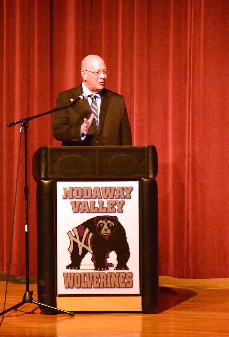 Former Nodaway Valley educator Jeff Fahrenkrug addresses those being inducted into the National Honor Society for 2024 at Nodaway Valley High School.