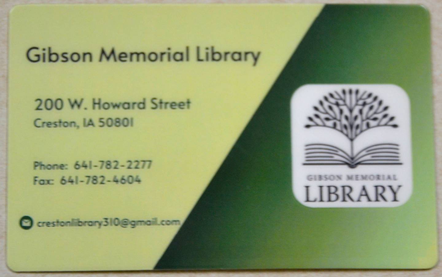 Gibson Memorial Library's new cards.
