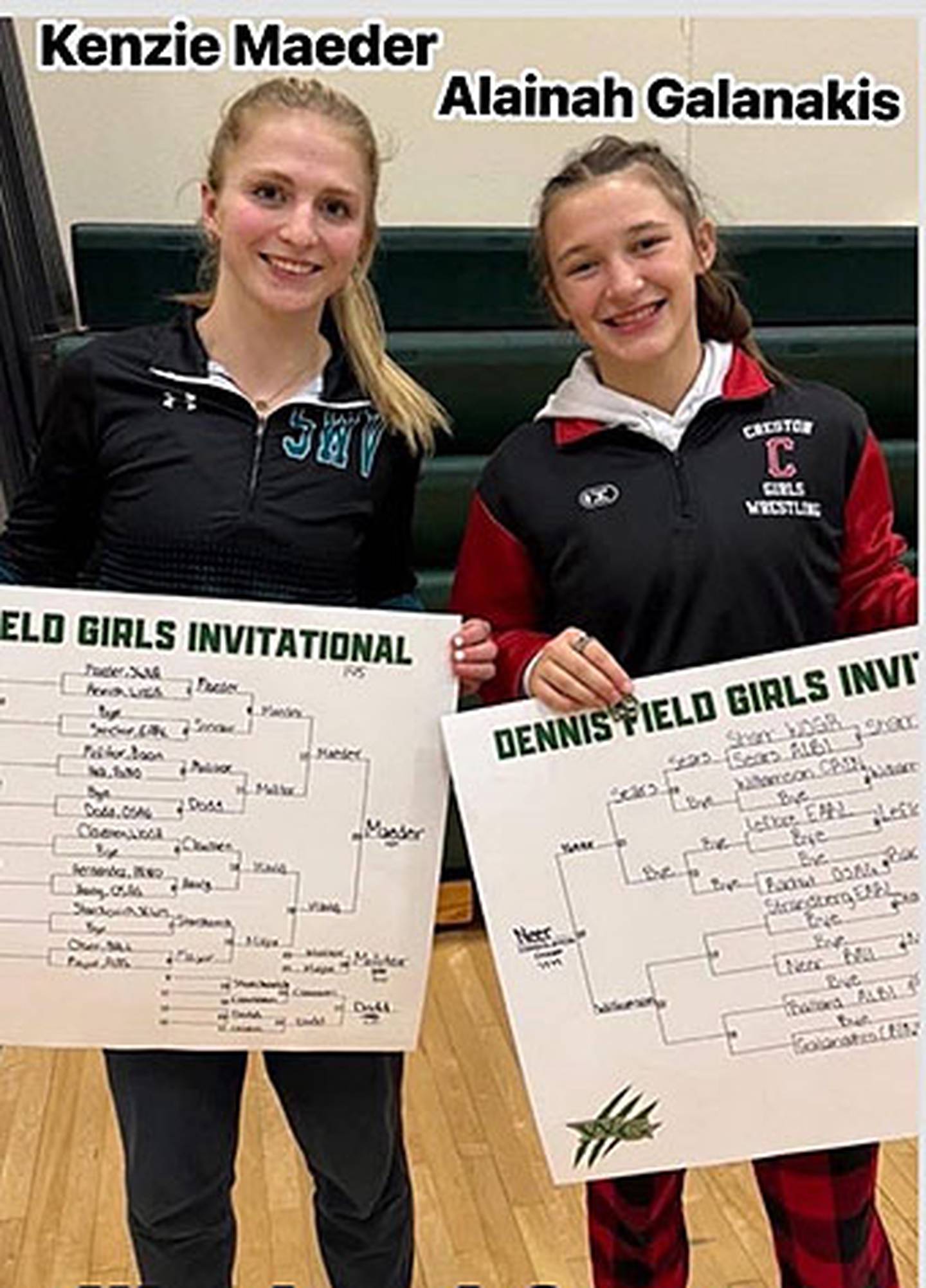 Kenzie Maeder of Southwest Valley (left) won the 145-pound title and Alainah Galanakis (right) of Creston was the 130-pound champion at the Dennis Fields Invitational Friday in Woodward.