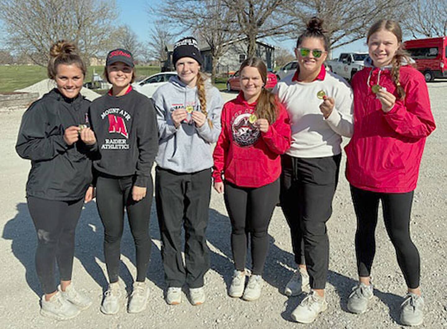 Mount Ayr girls edged Winterset 426-428 to win the Southwest Iowa Cup Tuesday. Team members from left are Claire Routh, Abby Larson, Jaylee Shaffer, Olivia Huntington, Alana Doolittle and Izzy Gilbertson.