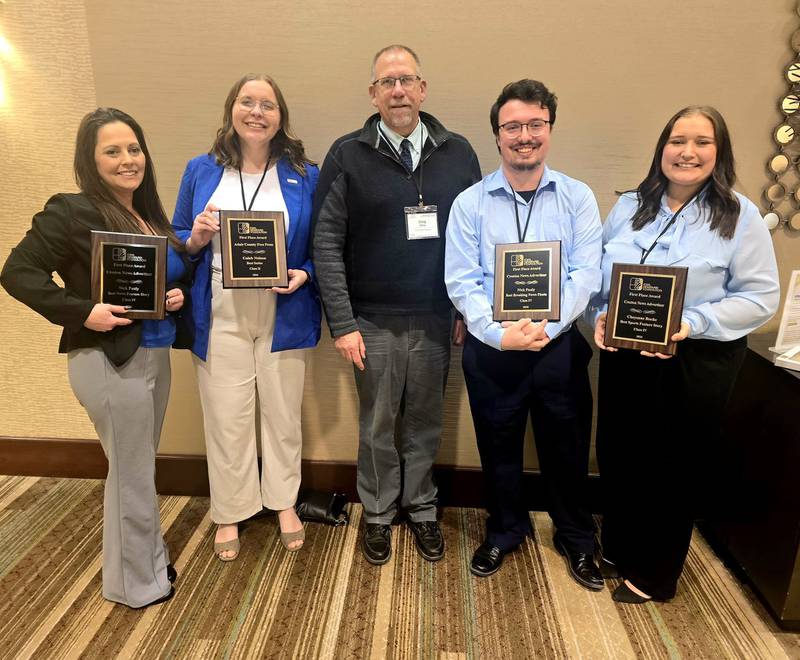Four first-place awards were won by Creston Publishing newspapers during the 2026 Iowa Newspaper Awards in Des Moines Thursday, Feb. 6. From left: news clerk Mandy McDowell, reporter Erin Henze, general manager Craig Mittag, reporter Nick Pauly and editor Cheyenne Roche.