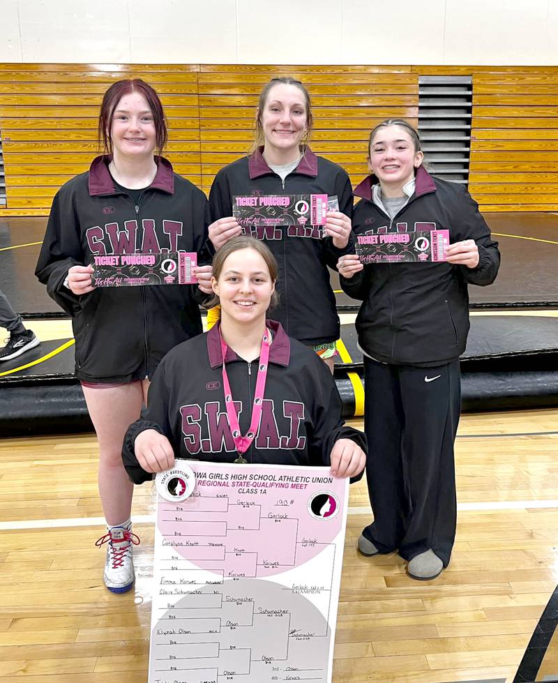 SWAT girls wrestling state qualifiers — all four from CAM — are in back from left, Stella Beattie, Bailey Willard and Nadia South, and in front, Megan Gerlock. State girls wrestling is Thursday and Friday at Xtreme Arena in Coralville.
