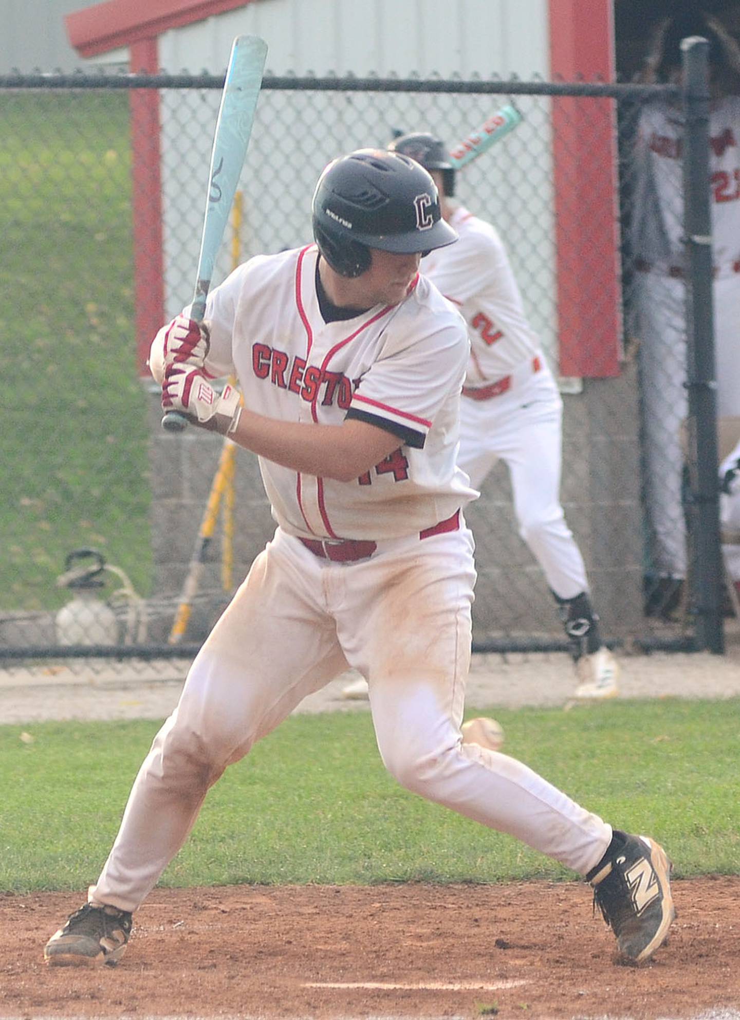 Creston's Tom Mikkelsen takes a pitch off the back of his left leg during Friday's district tournament game. Mikkelsen was hit by pitches 17 times this season.