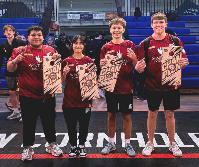 Mount Ayr-native Dylan Graham poses with his Winthrop University cornhole team after winning the national championship. From left, Sal Sandoval, Mikayla Calvey, Hayden Gonzales, Graham.