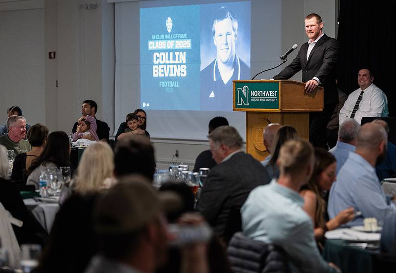 Collin Bevins addresses the crowd during is induction into the M-Club Hall of Fame on homecoming weekend at Northwest Missouri State University. Bevins played on three national championship teams as a Bearcat and holds the school record for career sacks (34) and tackles for loss (58.5).