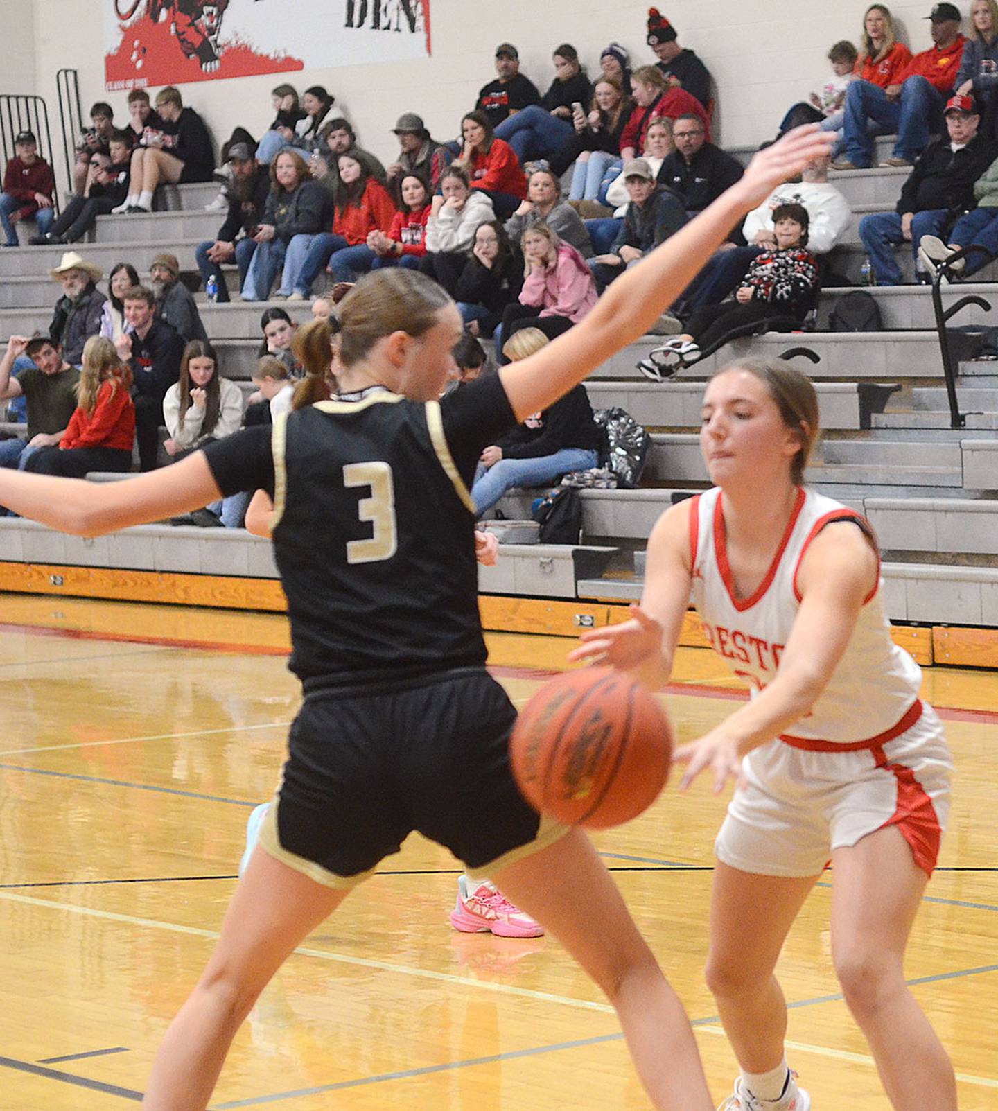 Creston senior Ady Morrison slips a pass across the lane to a teammate during Friday's game. Morrison finished with five rebounds and two points.
