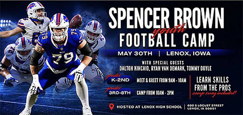 NFL lineman Spencer Brown will return to Lenox for a youth football camp May 30.