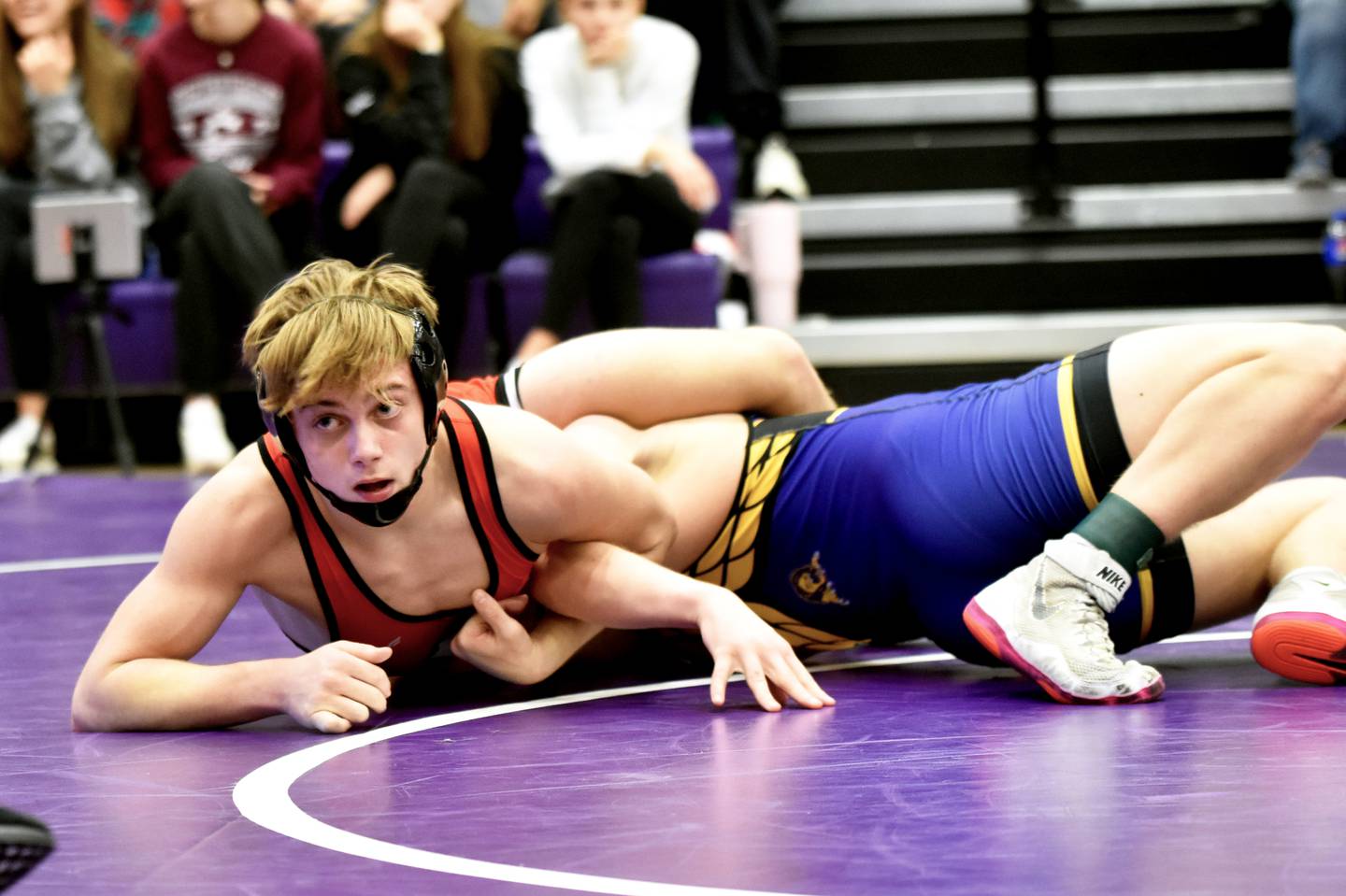 Colby Brammer earns back points over Denison-Schleswig’s Jayden Bradley in the consolation semifinals. Brammer won the bout 20-9 before advancing to the third-place match where he was defeated, placing fourth at 144.