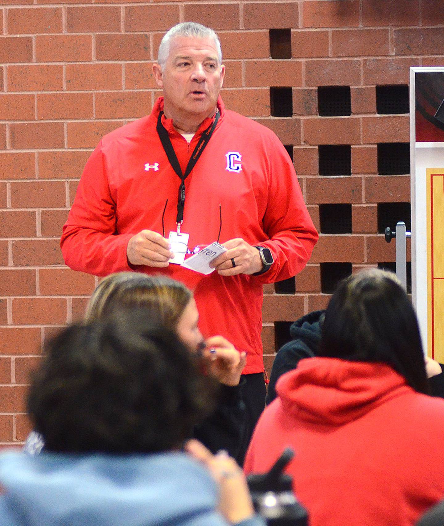 Scott Driskell, CHS activities director and assistant principal, speaks to students during Wednesday's leadership class. Driskell was an all-state quarterback and baseball player for Creston and was the starting pitcher for the Panthers in the 1990 Class 3A state championship game.