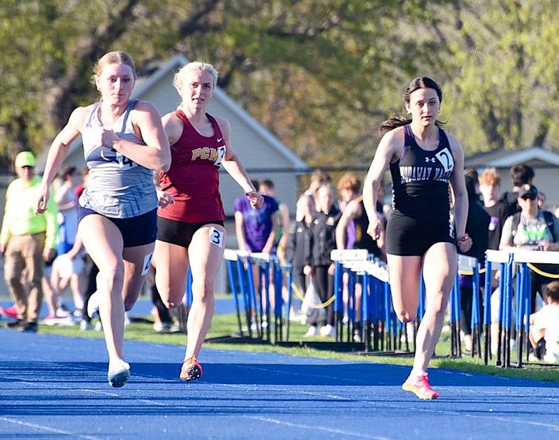 Nodaway Valley sophomore Allie Cornelian runs in the 100m dash at the Bill Miller Relays at Van Meter.