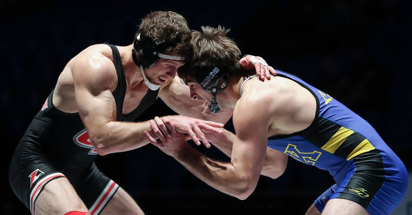 UNK redshirt senior Jackson Kinsella, right, has finished third and fourth at the NCAA Division II Wrestling Championships