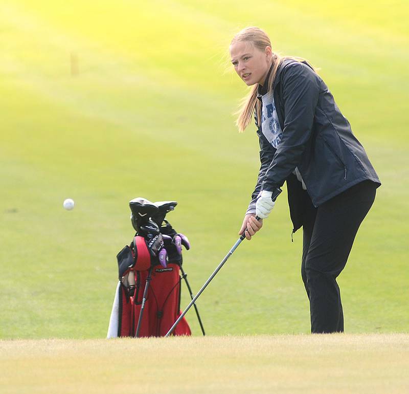 Creston's Izzy Spencer chips onto the No. 9 green at Crestmoor Golf Club during Friday's dual meet against Mount Ayr. Spencer was one of six Panther senior golfers honored prior to the meet.