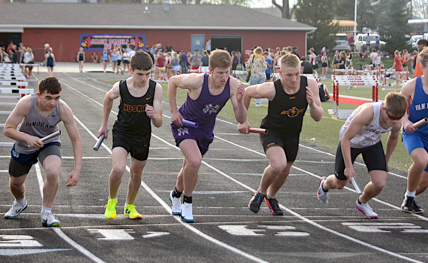 Wolverine junior Luke Kading takes off at the start of the 4x800m relay in Earlham last Tuesday. The quartet, also including Everett Ehler, Cael Strode and Josh Nelson, took fourth with a time of 9:33.36.