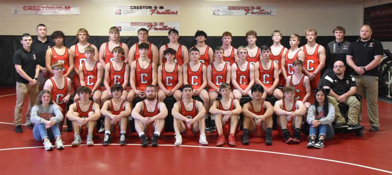 The 2024-25 Creston boys wrestling team. Front row, from left: Manager Henley Shinn, Josh Bunz, Josiah Wilson, Evan Abel, Kobe Chuong, Jerry Degonia, Jose Avila, Kal Barber, manager Nevaeh Pena. Middle row: Cameron Brammer, Zadek Engdahl, Corbin Jones, Nate Bentley, Ben James, Tyler Travis, Kylen Parsons, Landon Lillie, Lane Travis, Colt Key, assistant coach Casey Tanner. Back row: Assistant coach Kruz Adamson, head coach Cody Downing, Noel Ornelas-Perez, Tom Mikkelsen, Gunner Martwick, Frank Martin, Drake Wilson, Michael Wofford, Weston Trapp, Jackson Pettegrew, Brodrick Phelps, Colby Brammer, Jayden Myers, assistant coach Keaton Street, assistant coach Casey Tanner.