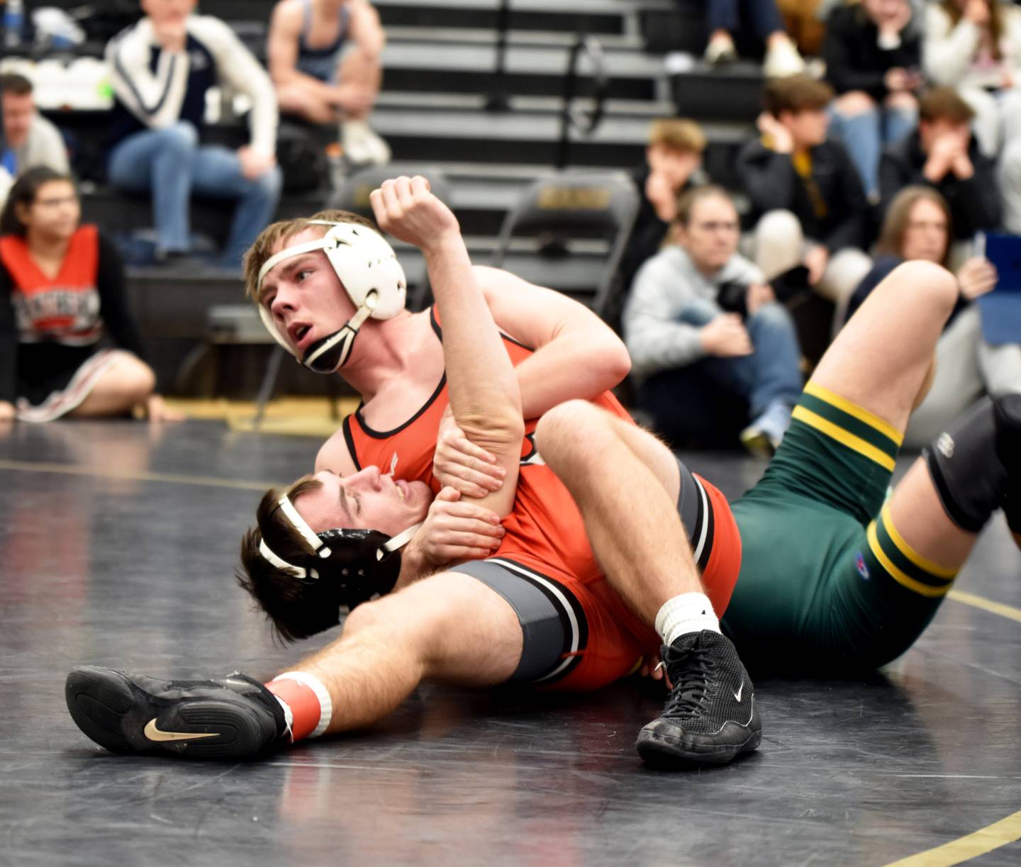 Creston senior Kylen Parsons pins Brody Pellett of St. Albert in less than a minute during the third-place match at Saturday’s Hawkeye 10 tournament.