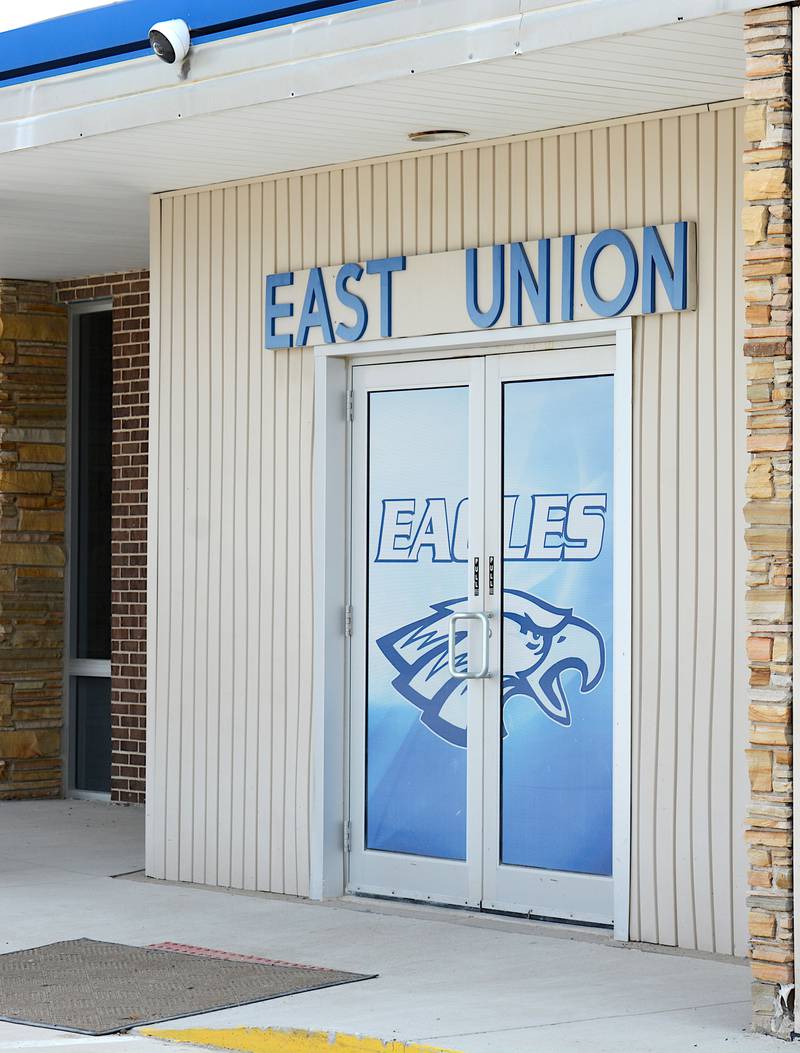 A security camera watches the front entrance to East Union High School. The camera will be used for the new ZeroEyes security program.