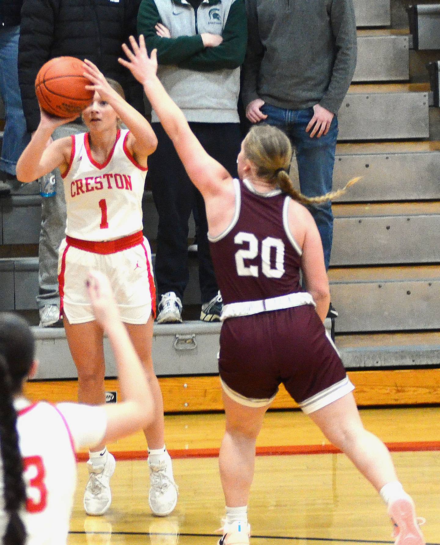 Creston's Kadley Bailey shoots a 3-pointer against Clarke. Bailey made two 3-pointers in her 24-point night, becoming the third Panther player to surpass 100 career 3-pointers.