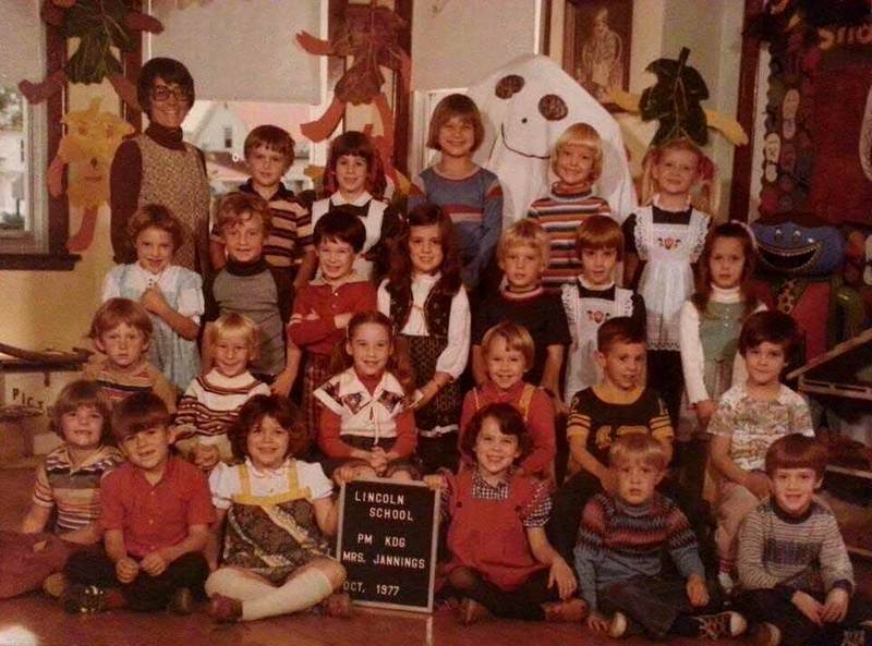 The afternoon kindergarten class of Mrs. Jannings at the Lincoln School in 1977.