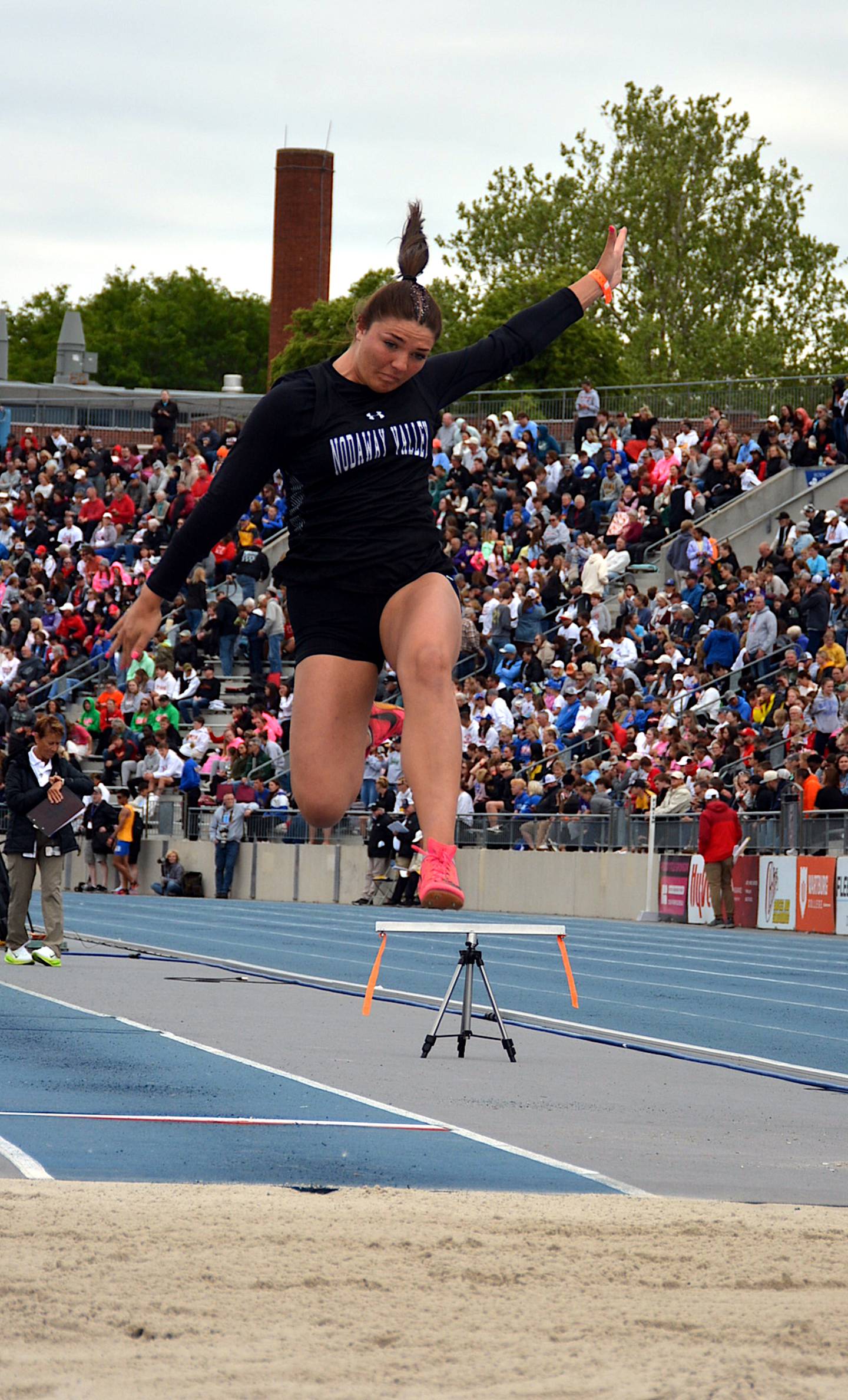 NV senior Emma Boswell leaps through the air during long jump at the state track meet at Drake Stadium. Boswell went 15-03.5 and placed 18th in Class 2A girls.