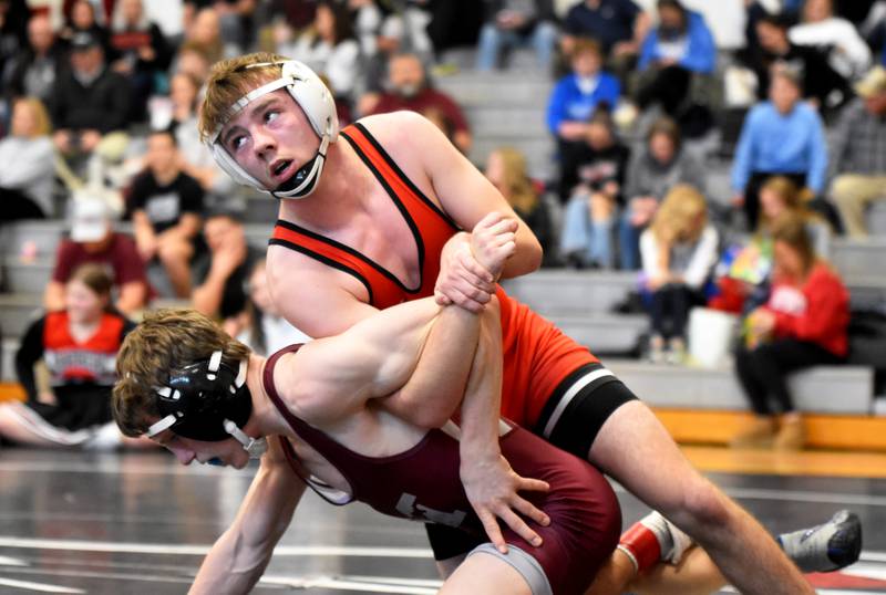 Senior Kylen Parsons controls Camden Meyer of Mount Vernon in the consolation semis. Parsons went on to pin Meyer before placing fourth at 126. The Panthers placed ninth overall with 75.5 points.