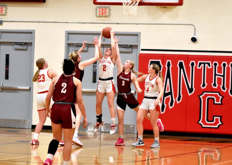 Creston’s Hollynn Rieck comes down with a rebound Monday against Clarinda in a 75-64 loss.