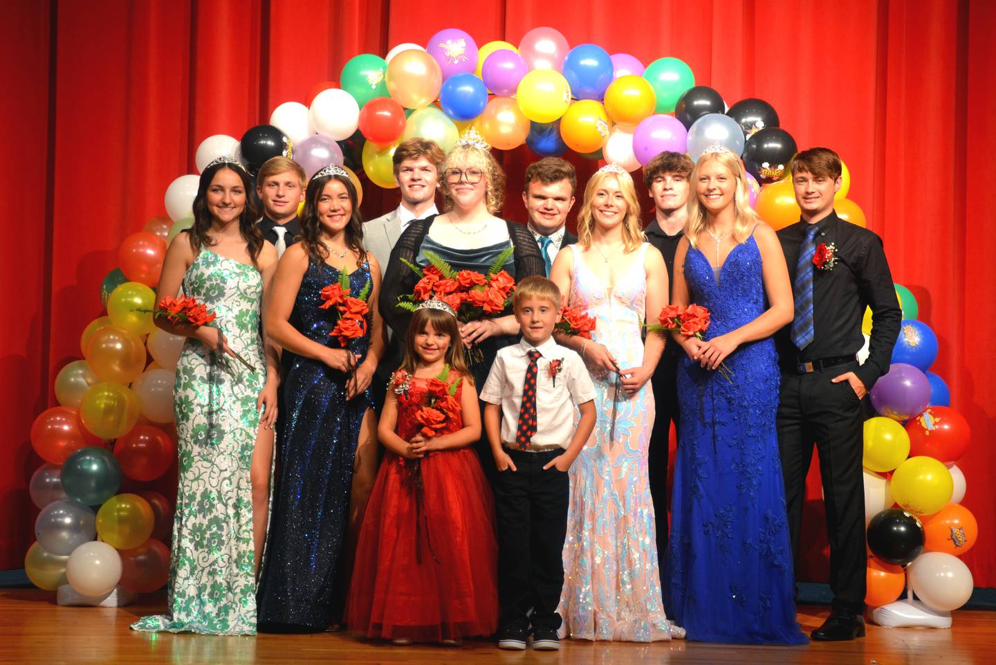 Creston's 2023 Homecoming Court. Front, from left: Oakley Rosch, Connor Buckalew. Queen candidates: Morgan Van Gelder, Grace Travis, CC Zachary, Zoe Ralson, Josie Mahan. Escorts: Sam Henry, Denton Lane, Christian White, Christian Ahrens, McCoy Haines.