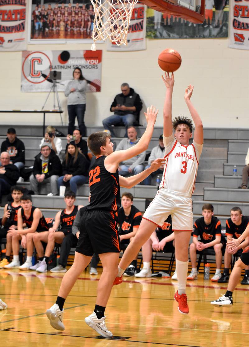 Creston's Rhett Driskell shoots against Grinnell last season. Driskell is the leading returning scorer for the Panthers at 11.1 points per game last season.