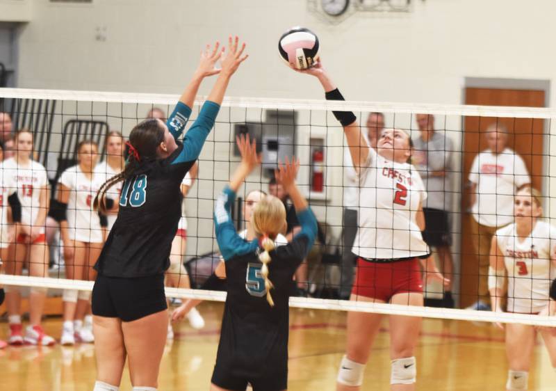 Hollynn Rieck gets her hand on the right side of the ball to flip it left away from Fast and Alyssa Pearson. Rieck had 10 kills in the bout.