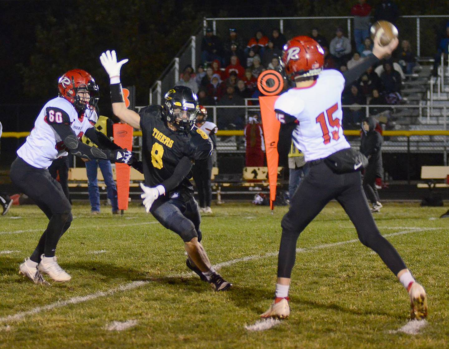 Lenox defensive lineman Jack Reed (8) gets past Ar-We-Va blocker Weston Toft (60) to put pressure on quarterback Blayne Smith on a pass play Friday. Reed had 7.5 tackles in the 41-6 victory.
