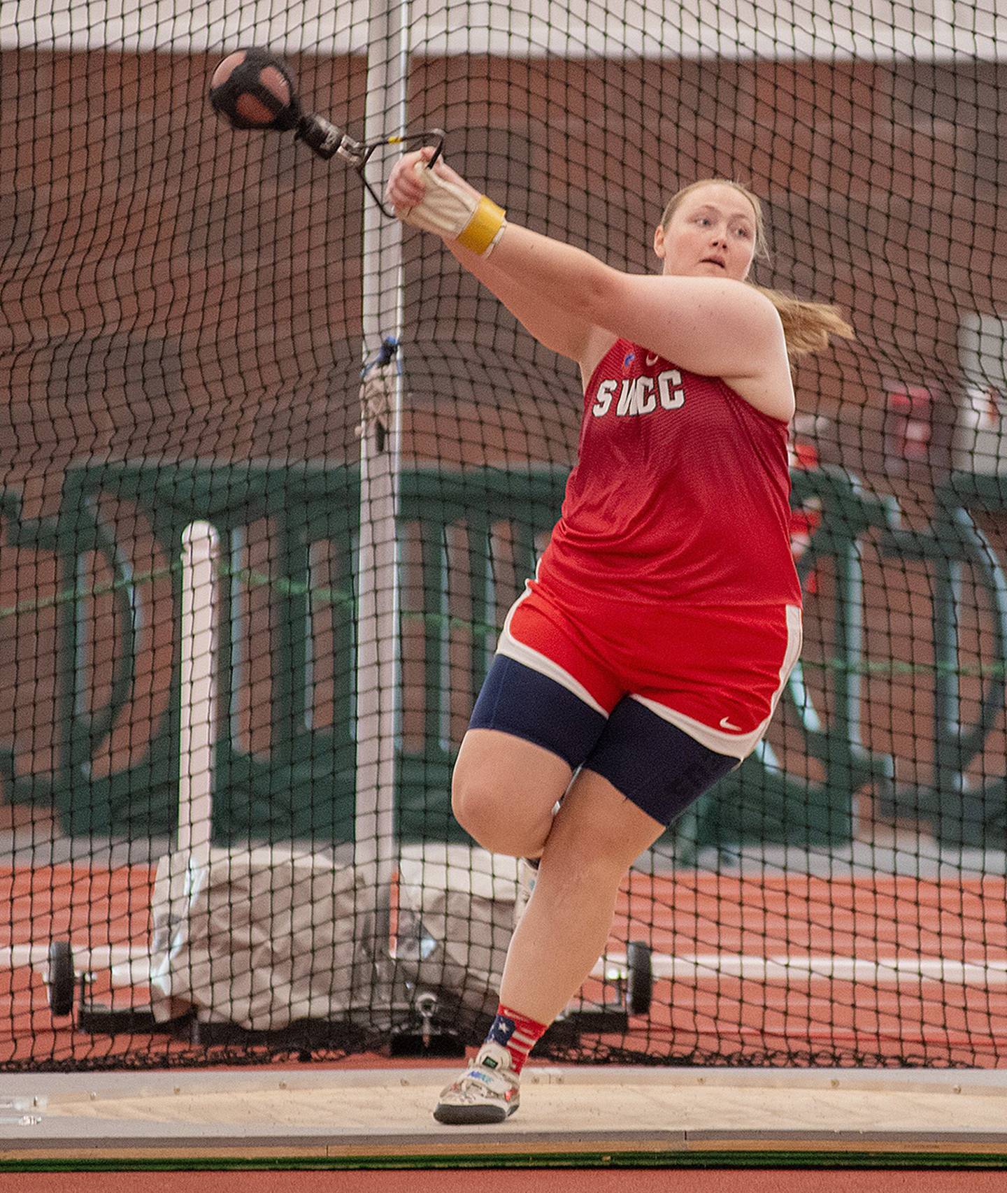 Kasey Springer of Southwestern competes in the weight throw at the Northwest Missouri State indoor meet. Springer ranks sixth all-time at SWCC with a throw of 11.14 meters, and ranks sixth all-time in the indoor shot put at 9.92 meters (32 feet, 6.5 inches).