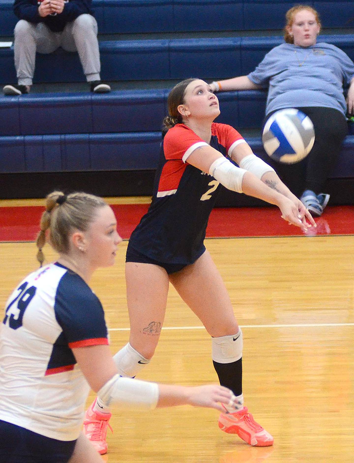 Southwestern libero Sophie Rahe receives a Southeast serve Monday. Rahe had 15 digs and two ace serves Monday.