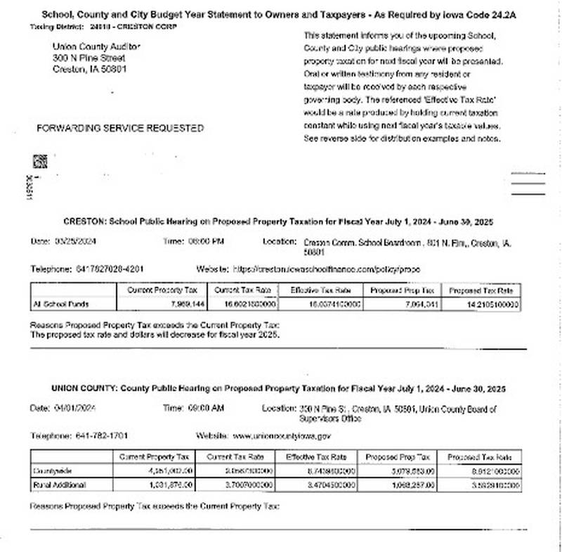 A portion of a sample tax levy information to be mailed from Union County to all property tax payers.