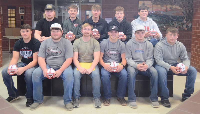 Creston seniors honored at Sunday's football team banquet include, front row from left, Jameson McDonald, Tysen Gillespie, Evan Abel, Lane Travis, Kal Barber and Garrick Clausen. Back row, Gunner Martwick, CT Stalker, Ethan Holliday, Jackson Pettegrew and Chasse Downing. Not pictured: Seth Gordon, Kylen Parsons and Brodrick Phelps.