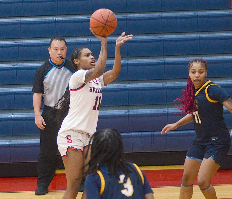 Southwestern's Tammy Scott shoots against Marshalltown Wednesday. Scott had six points and seven rebounds in the 60-25 loss.