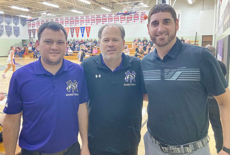 Nodaway Valley boys basketball coach Thad Tussey (left) and Lenox coach Michael West (right) are former Orient-Macksburg players under coach Steve Tussey (center), who now serves as a volunteer assistant at Nodaway Valley.