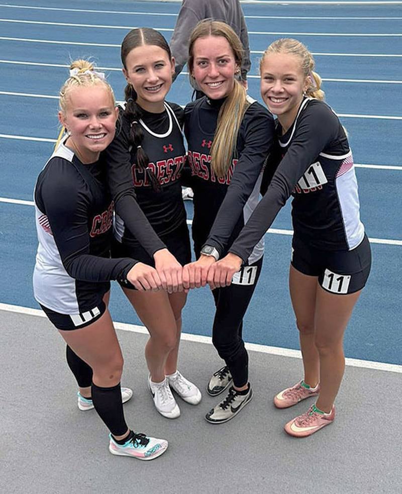 Members of Creston's eighth-place 4x800 relay at the state meet are, from left, Maylee Riley, Hope Henderson, Payton Davis and Cora Smith. The Panthers topped Glenwood for the first time this season to capture a medal, finishing in 9:47.24.