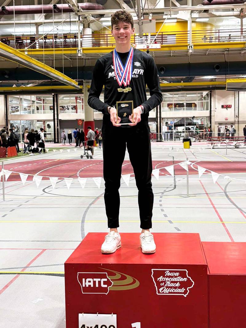 Ryce Reynolds of Mount Ayr won three events, set three meet records and was named Class 1A Male Outstanding Athlete of the Meet at the IATC Indoor Championships last week at ISU.