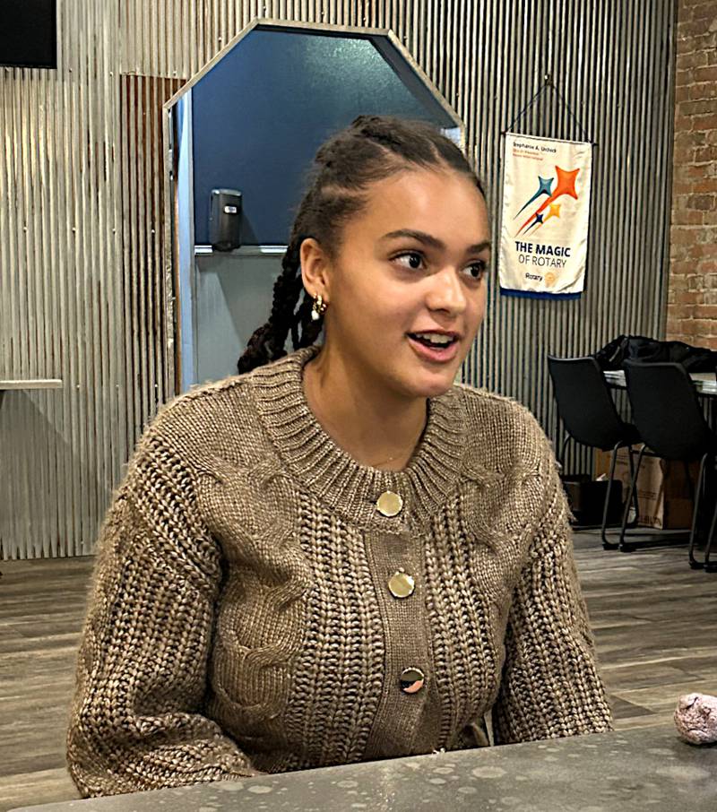 Creston High senior Khouri Sherrod tells Creston Rotary club her experience at Rotary Youth Leadership Awards held in July in Grinnell.