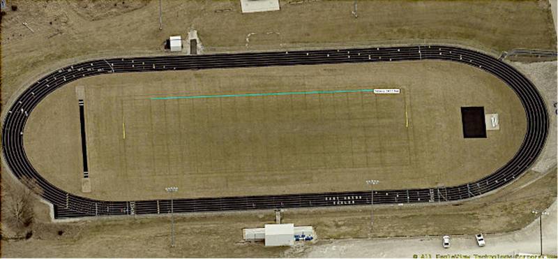 Eagleview used the East Union High football field as a demonstration of how it's program works to record and measure properties for taxable valuation. The thin blue line is showing the length of the field.