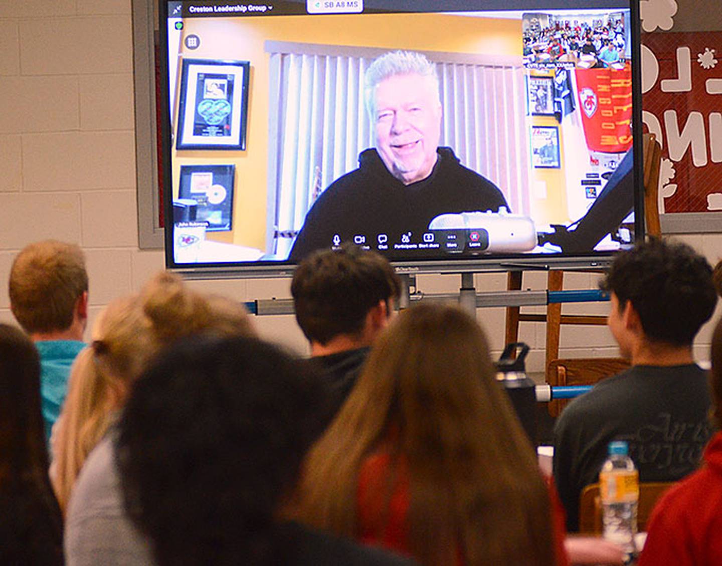 Drummer John Robinson, 1973 Creston High School graduate, speaks to current CHS students via Zoom during a leadership class.
