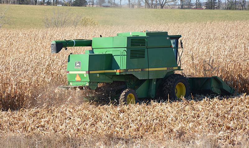 An Adair County farmer combines corn outside Fontanelle recently.