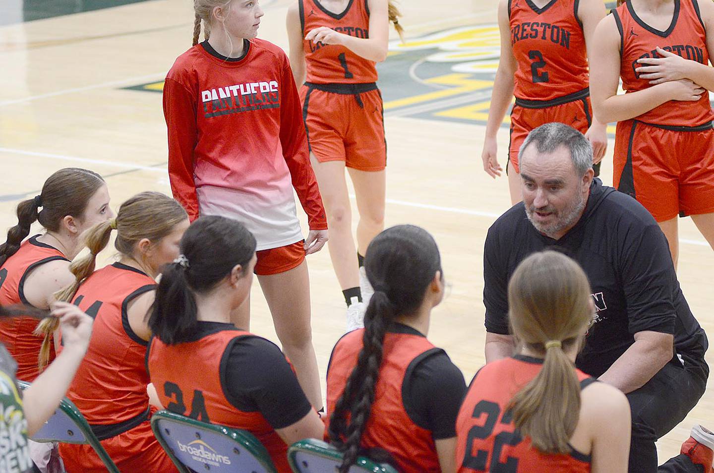 Creston coach Tony Neubauer meets with his team during Friday's 63-12 victory at Des Moines Hoover. Neubauer is Creston's leader during the five-player era with 64 wins as head coach, surpassing former coach Mike McCabe.