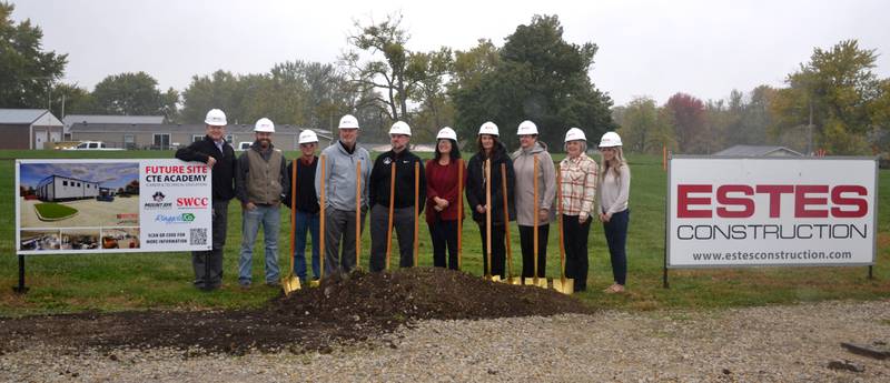 Collaborators break ground on the new Mount Ayr CTE project. From left, Mount Ayr Superintendent Jason Shaffer, Mount Ayr School Board member Zach Lynch, Mount Ayr Director of Maintenance Mike Gilliland, Mount Ayr Elementary Principal Chris Elwood, Mount Ayr High School Principal Josh Vanderflught, SWCC President Lindsay Stoaks, SWCC Chief Financial Officer Brandi Shay, Ringgold County Development Corporation retired Executive Director Jodie Geist, Sandy Pierschbacher, Ringgold County Development Corporation Executive Director Nicole McGinnis.