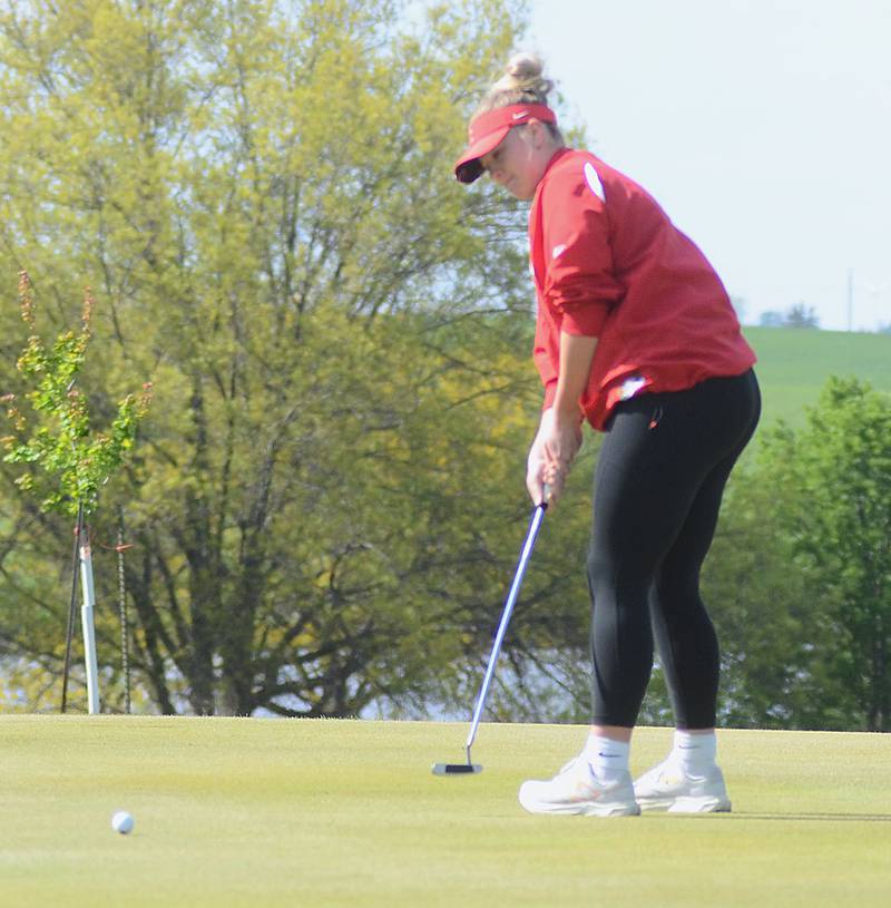 Creston's Ricci Johnston, shown putting in a home dual meet against Mount Ayr, led Creston at the Hawkeye Ten Conference tournament with an 18-hole round of 100, placing 22nd.