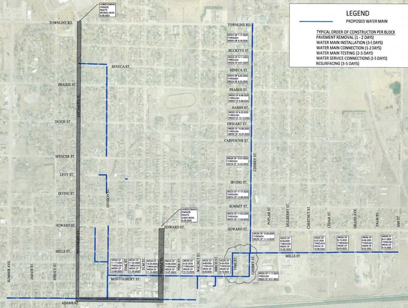 A map of Creston Water Works construction, with tentatively scheduled times for when certain blocks will receive construction.