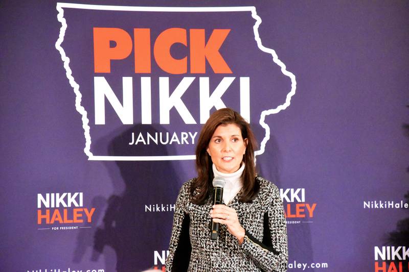 Republican presidential hopeful Nikki Haley speaks Tuesday in Osceola at Revelton Distillery.