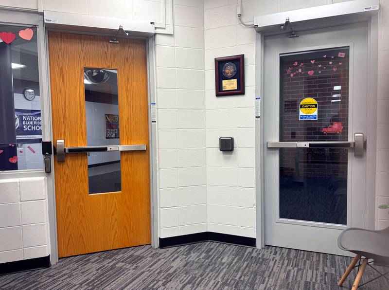 The door on the right at Nodaway Valley Middle School comes in from the entryway while the door on the left exits the office into the main school hallway. This secured entrance was the most extensive of Nodaway Valley's schools.